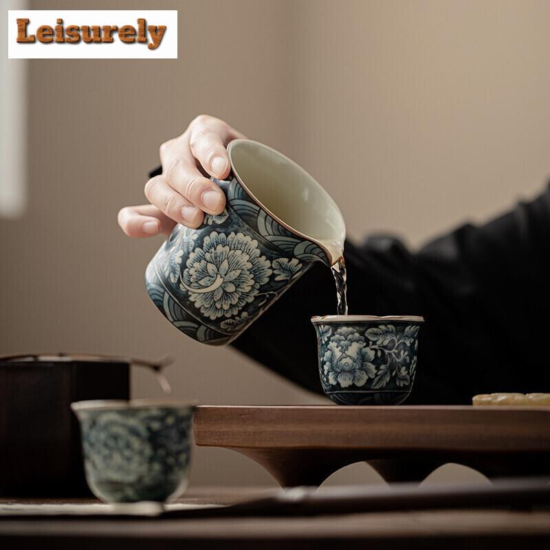 165ML Retro Blooming Flowers Tea Pitcher Handmade Ru Kiln Ceramic Cha Hai Justice Cup Coffee Divide Tea Chinese Teaset Supplies