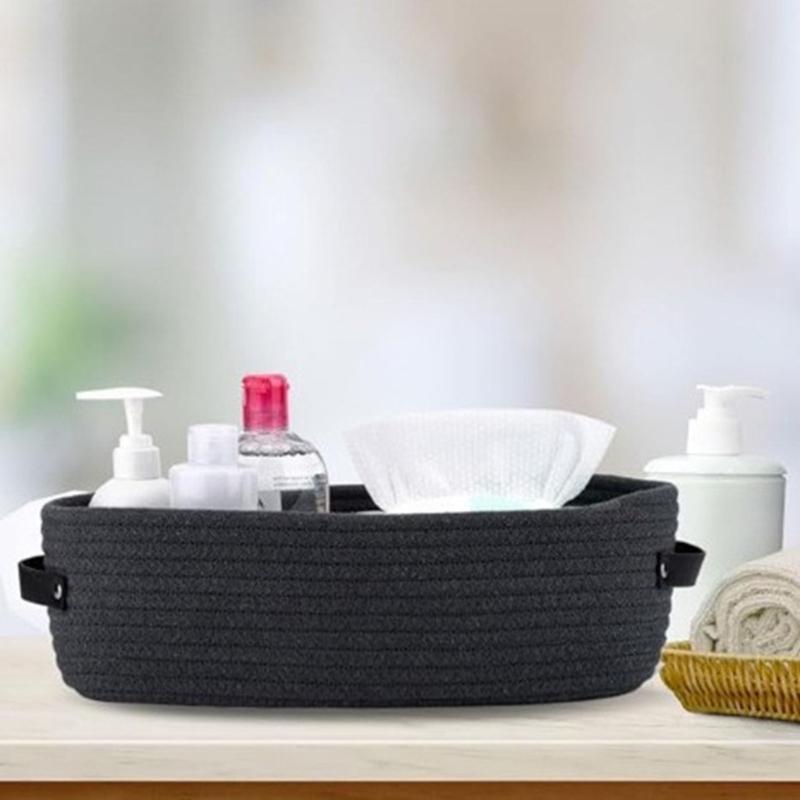 Natural Cotton Rope Oval Storage Basket Featuring Sturdy Leather Handles For Home Use