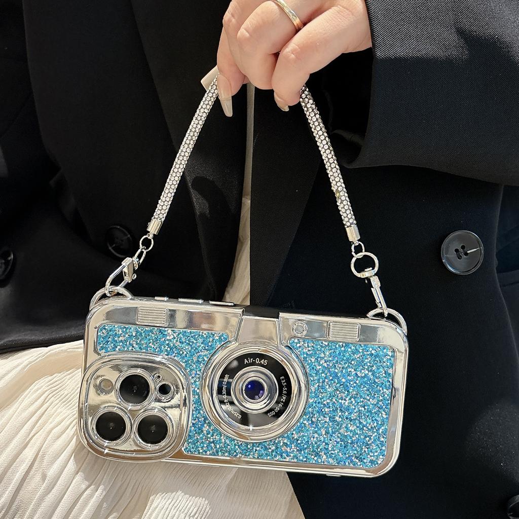 For iPhone 14 Pro Max Cover Glitter Powder Camera Design TPU Phone Case with Tote Strap