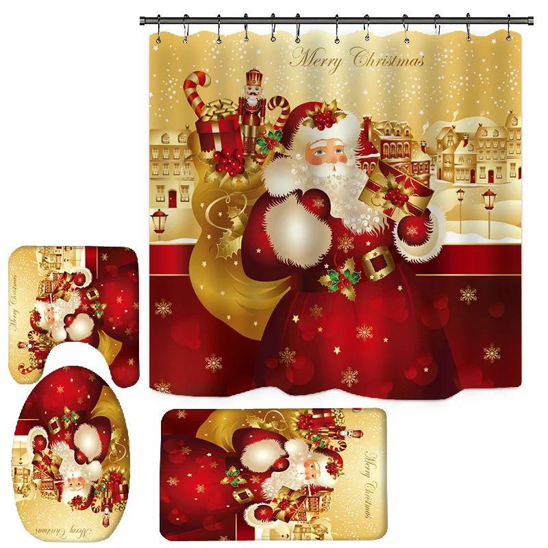 4PCS/Set Christmas Bathroom Curtains Set Santa Claus Shower Curtain Toilet Cover Mat Non Slip Rug Waterproof Shower Curtain