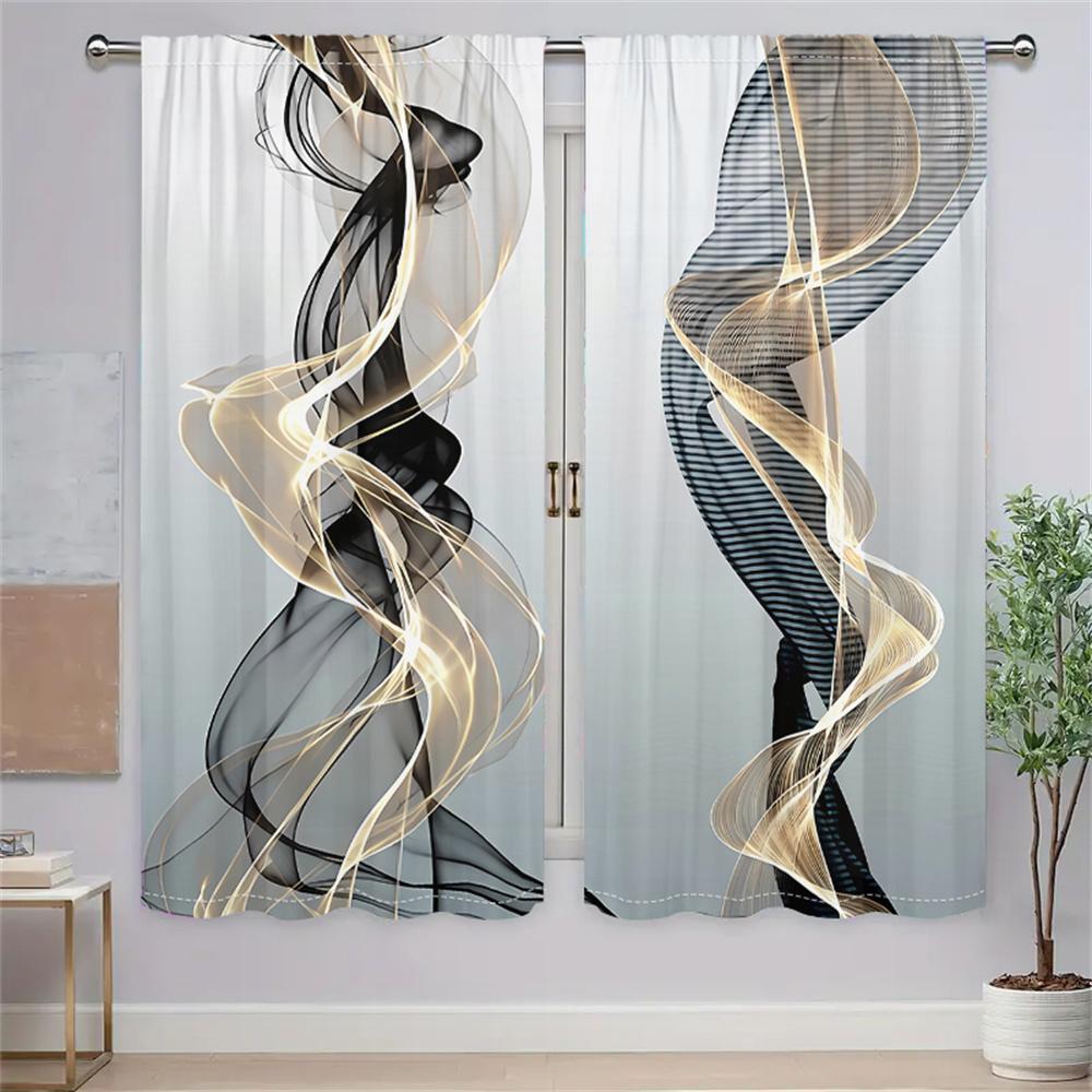 2 Pcs Abstract Art Curtains Black Gold Streamline Pattern Living Room Bedroom Window Decorative Curtains Modern Minimalist Style