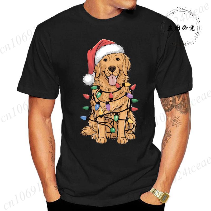 New Mens TShirts Christmas Golden Retriever Print TShirts Round Neck Short Sleeve Casual Tshirt Happy New Year Dog Shirts