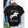 European sizesCustomizable Horseback Riding Graphic T-Shirt - Personalized Text, Black & White Design, Short Sleeve, Round Neck