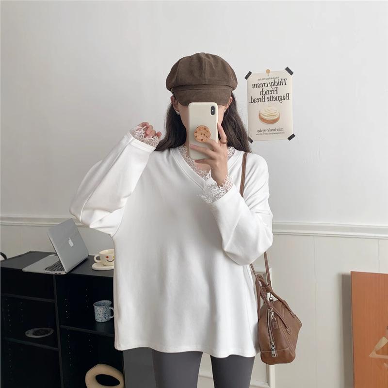 

Sweet Autumn/Winter Lace Trim V-Neck Loose Top L белый