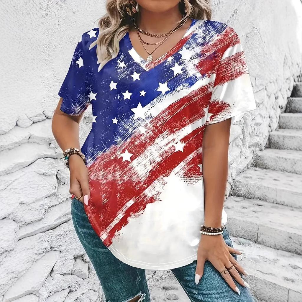 American Women's Clothing New Temperament V-neck Large Size Short-sleeved T-shirt Top Independent Day Personalized 3D Printing