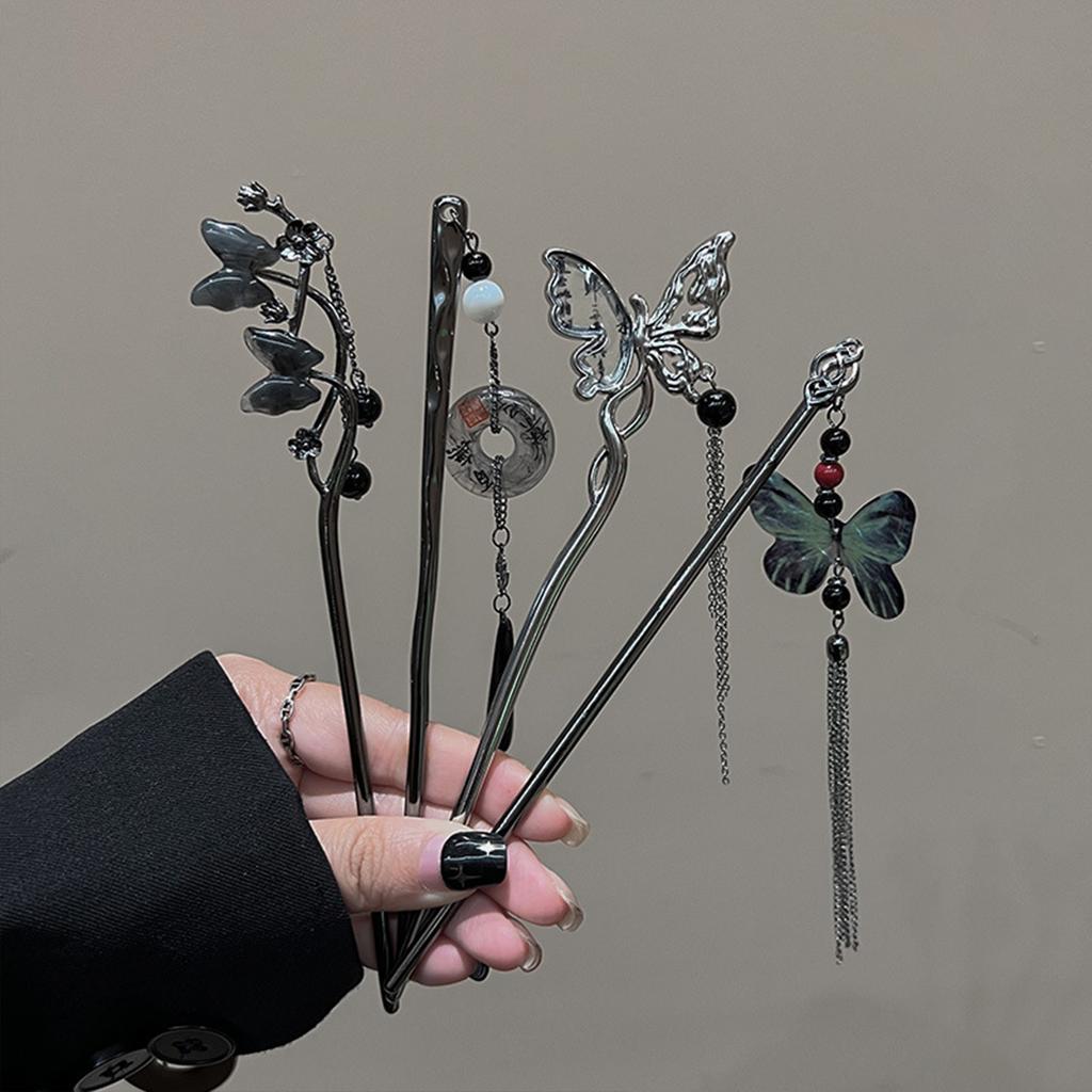 Chinese Court Style Hair Pins With Tassel Alloy Vintage Butterfly Flowers Hair Clip For Women Wedding Hair Jewelry Accessories