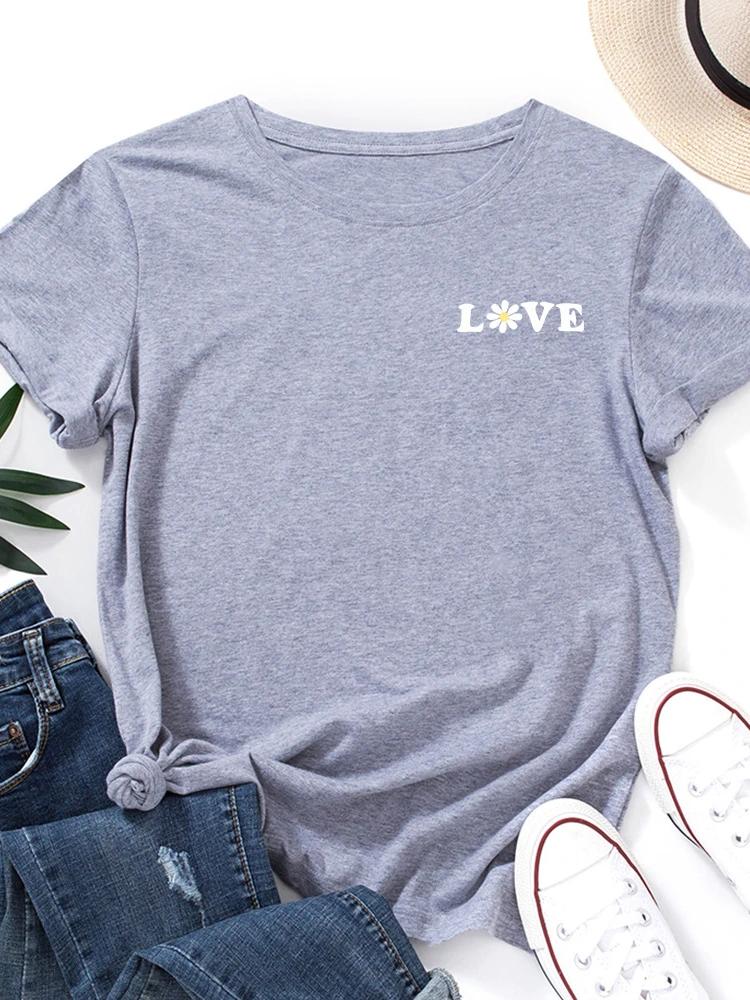 Brust Kleiner Gänseblümchen Liebesbrief Druck Damen T-Shirt Kurzarm O-Ausschnitt Locker Damen T-Shirt Damen T-Shirt Tops Camisetas Mujer