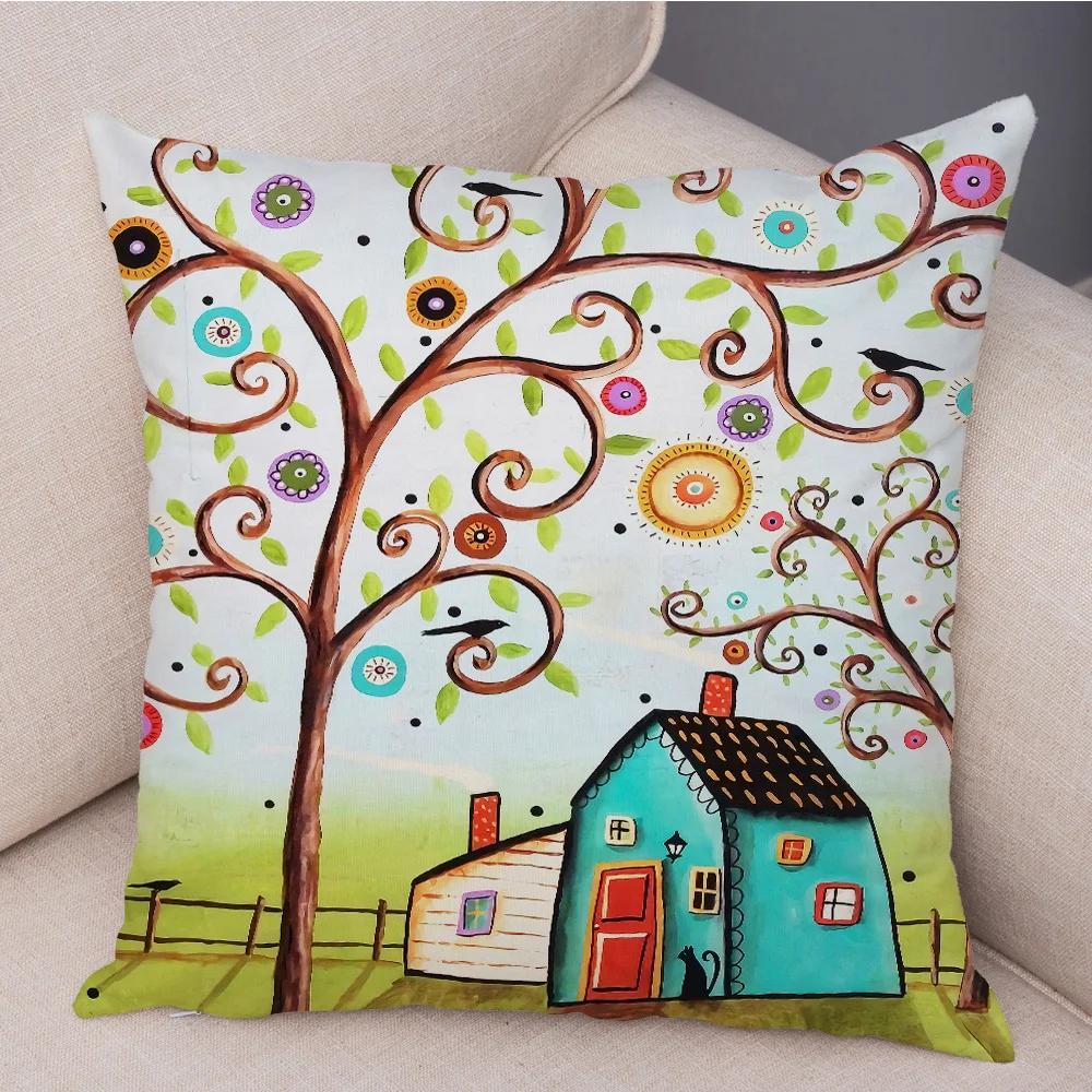 Retro Rural Color Cities Cushion Cover For Sofa Home Car Decor Colorful Cartoon House Pillow Case Tree Short Plush Pillowcase