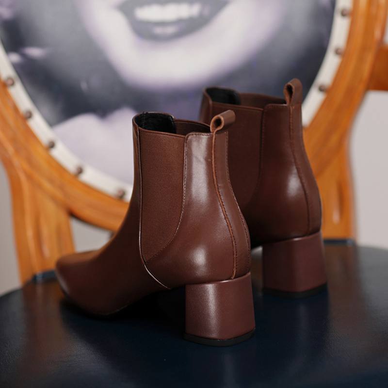 Krazing Pot Kravská kůže Zimní Špičaté špičky Silné střední podpatky Chelsea boty Dámské Nazouvací Velká velikost Retro Stručný styl Kotníkové boty