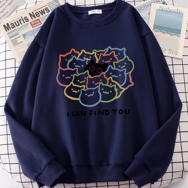 

Я могу найти тебя Веселый кот Милый принт Мультфильмы Женские толстовки с капюшоном Осенняя модная одежда Толстовка с круглым вырезом Осенние флисовые пуловеры и длинные рукава для женщин 3XL темно-синий