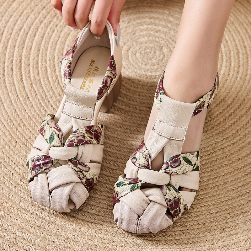 GKTINOO Mixed Colors Summer Gladiator Sandals Women Genuine Leather Round Toe Hook & Loop Retro Style Ladies Shoes Handmade