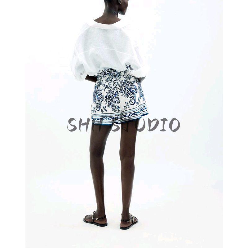 Summer Women's Clothing Ruched Decorative High Waist Silk Satin Texture Calico Paper Bag Casual Shorts 1165040