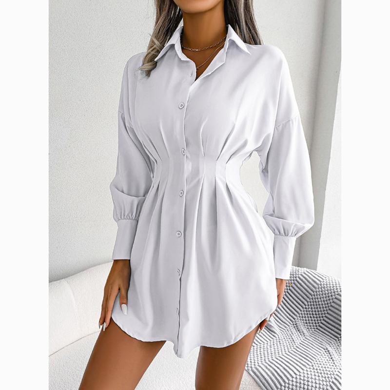 Vestido corto asimétrico liso con manga acampanada informal para mujer, vestido ajustado con cintura para mujer, vestidos de una sola botonadura, ropa femenina 24117