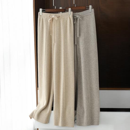 Women Long Pants Elastic High Waist Wide-Leg Knitted Pants with Pockets Solid