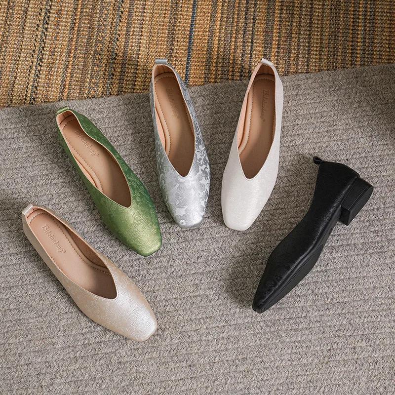 Woman Fashion Summer Square Toe Gold Green Flats Elegant Female Printing Texture Casual Buckle Mary Jane Shoes Big Size 34-43