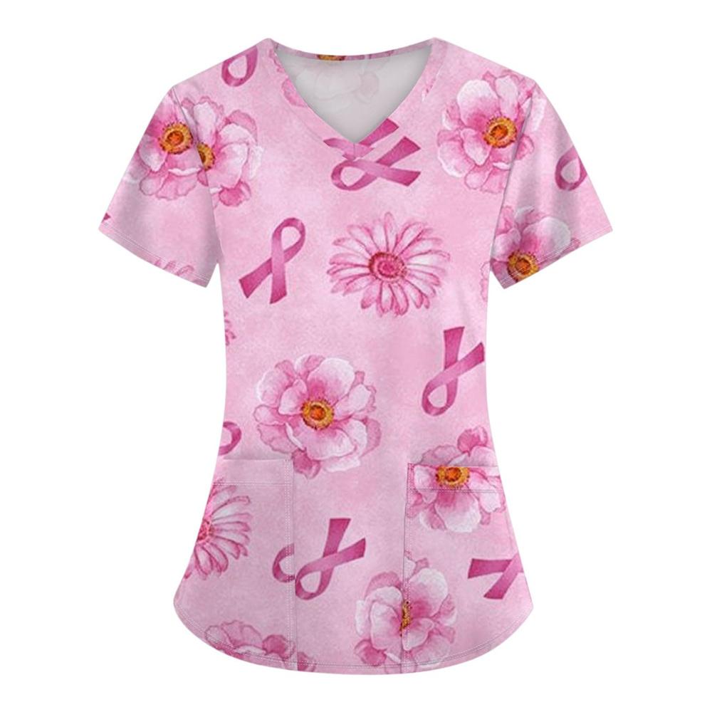 Surgical Uniforms Woman Heart Printed V-Neck Nurses Tops Short Sleeve Patch Pocket Medical Uniforms Surgical Uniforms Nursing