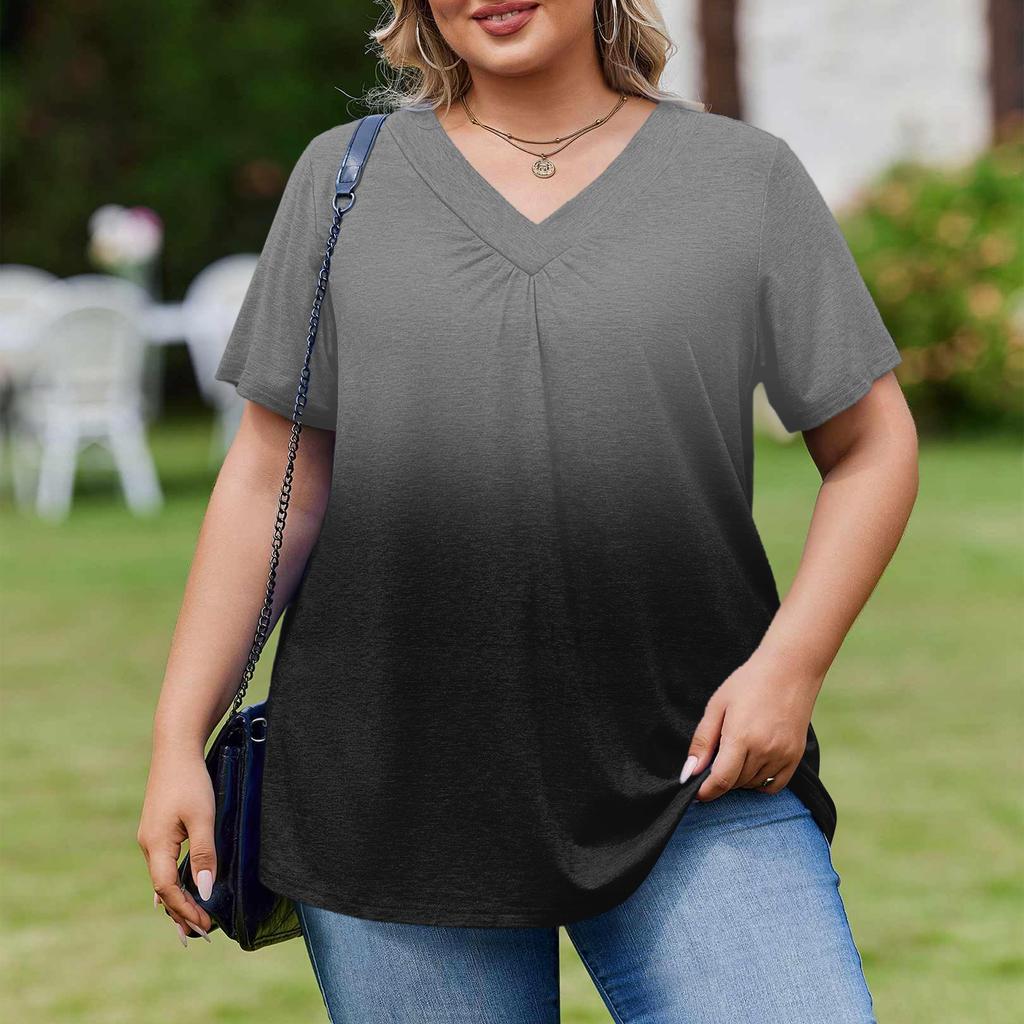 Damska Modna Codzienna Luźna Bluzka Plus Size z Krótkim Rękawem Elegancka z Dekoltem V Do Pracy