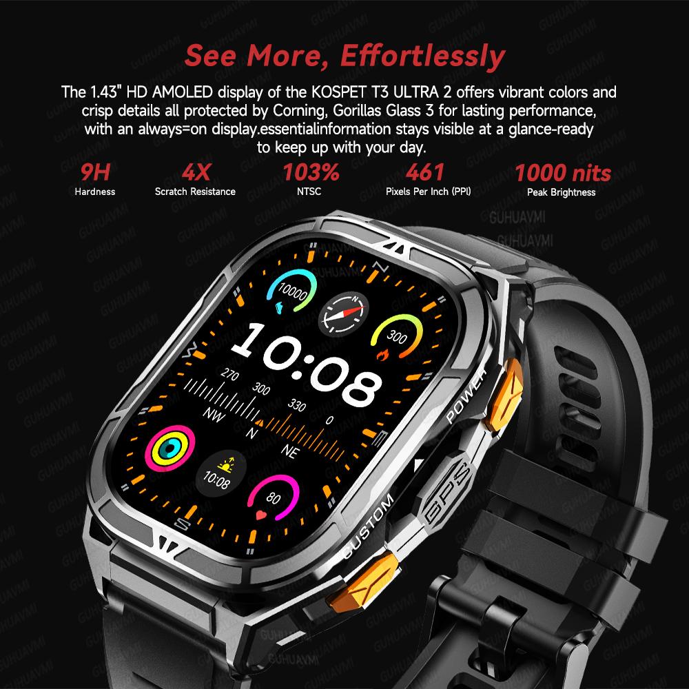 2026 New Built-in GPS Men Smart Watch Compass Altimeter Bluetooth Call 50M Waterproof 170+sports Modes Navigation Tracker AMOLED HD Smartwatch