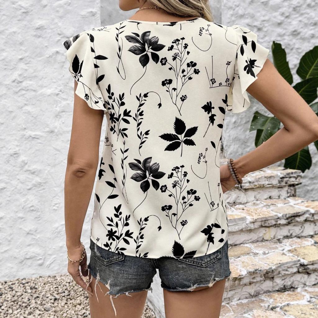 European and American New Short-sleeved Printed Crew Neck Women's Top