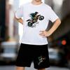 Boys 2 Piece Motorcycle Print Outfit, Short Sleeve T-Shirt and Shorts Set for Kids Age 5-14,Black and White Sporty Casual Summer Clothes