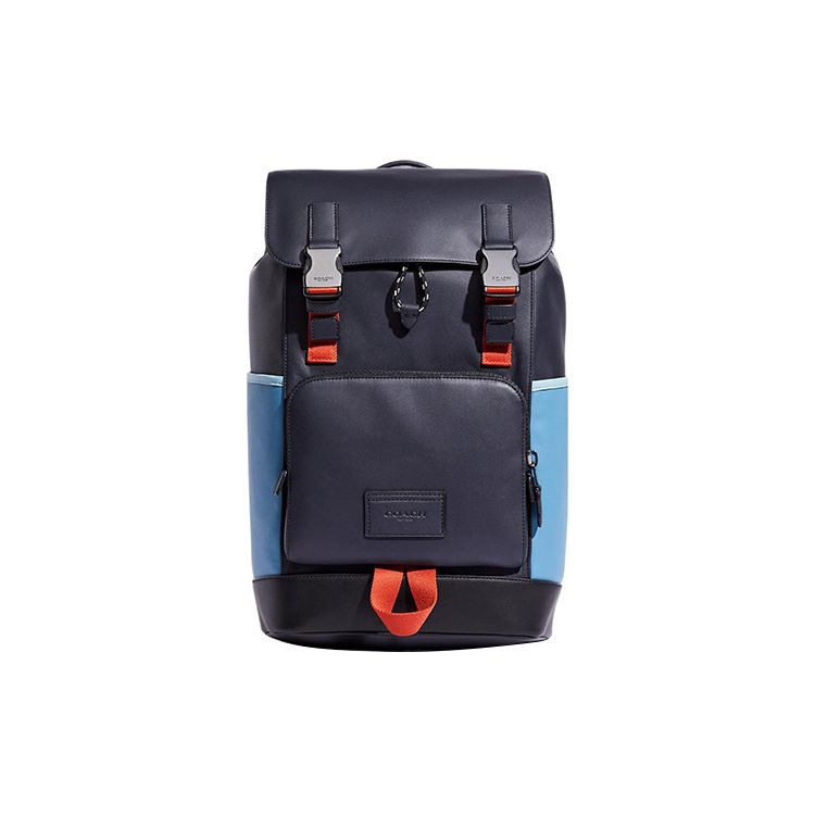 Coach Men's Blue Track 27 Color Block Drawstring Buckle Closure Leather And Fabric Backpack Large Backpack Midnight- Cc354-Qbuqa
