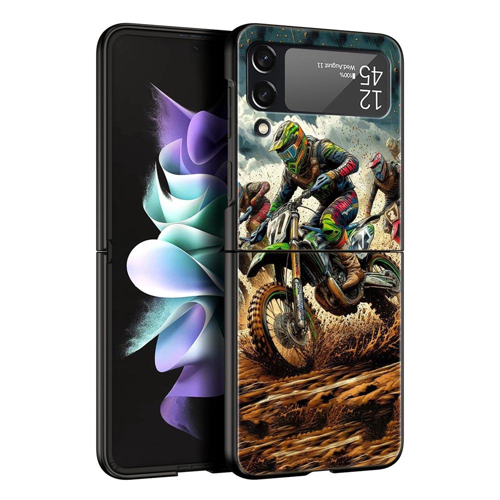 Motorcycle Hard PC Phone Case For Samsung Galaxy Z Flip 7 6 5 4 Black Cover For Galaxy Z Flip 3 Foldable Fundas Shell Capas Bags