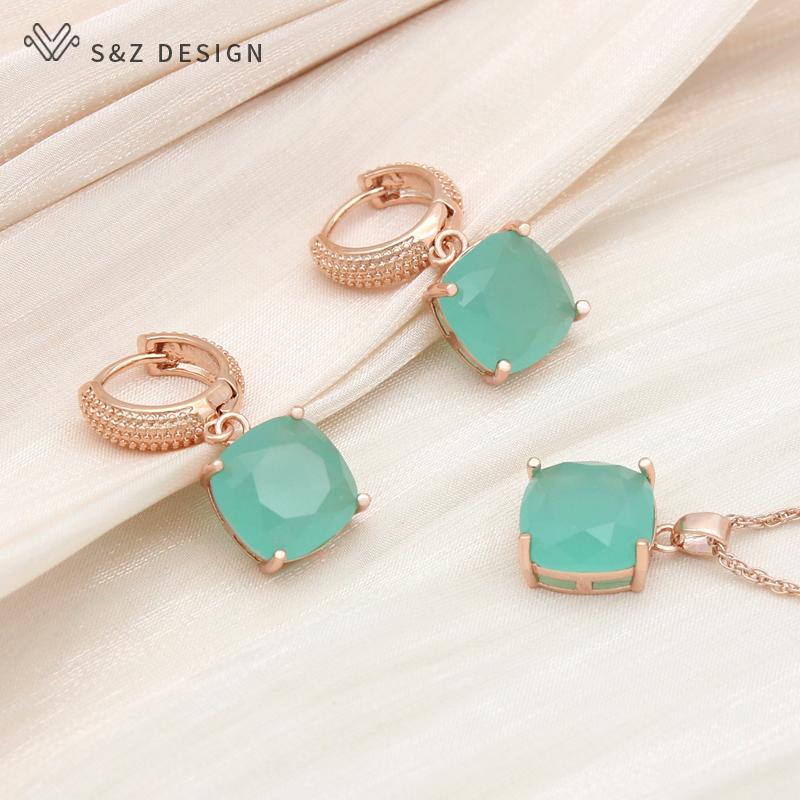 Boucles d'oreilles carrées en cristal, couleur or Rose, ensembles de bijoux pour femmes, pendentif de tempérament de mariage, collier cadeau