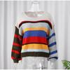 Color Block Striped Loose Knit Sweater Womens Casual Long Sleeve Rainbow Pullover