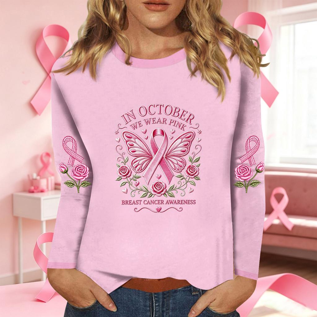 Women's Casual Long Sleeve Ribbon Print Round Neck Top