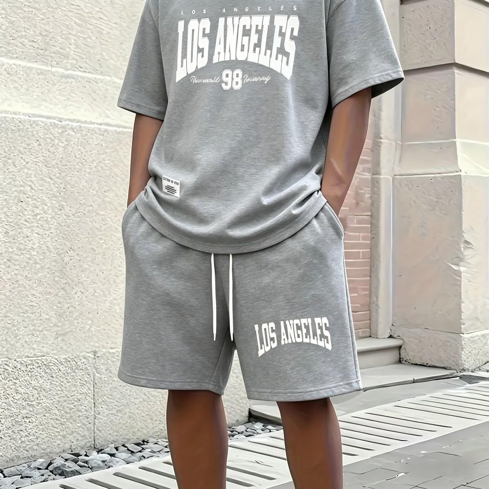 Men's Summer Retro Letter Printed Comfortable Breathable Round Neck T-shirt Drawstring Shorts Set Outdoor Casual Clothing