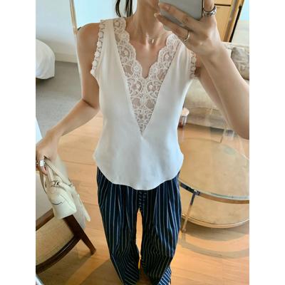 Women's Lace V-Neck Ribbed Tank Top Casual Sleeveless Blouse