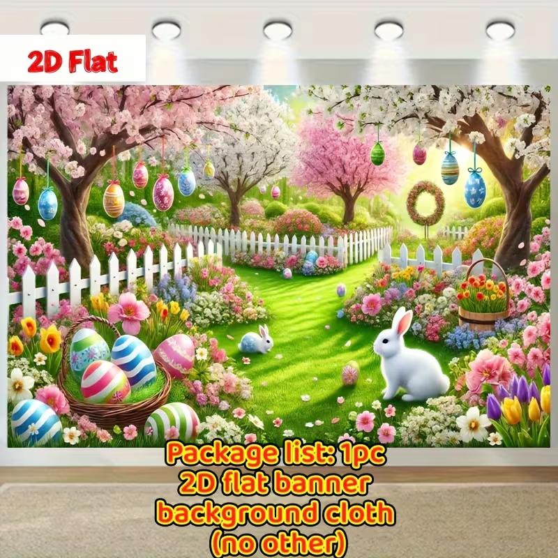 2D Easter Floral Garden Backdrop Cloth with Bunny and Colorful Eggs Wall Banner