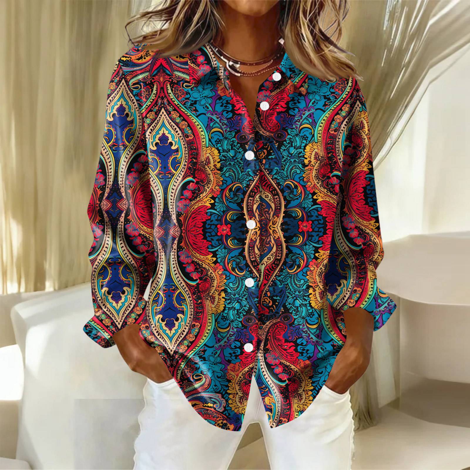 

Женская рубашка с пуговицами с цветочным принтом, повседневная рубашка с длинными рукавами, блузки, повседневные базовые топы больших размеров XL тёмно-синий