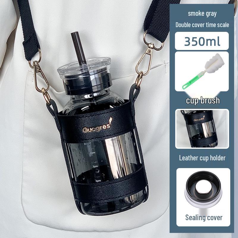 Double-Lid High Borosilicate Glass Travel Cup with Leather Sleeve