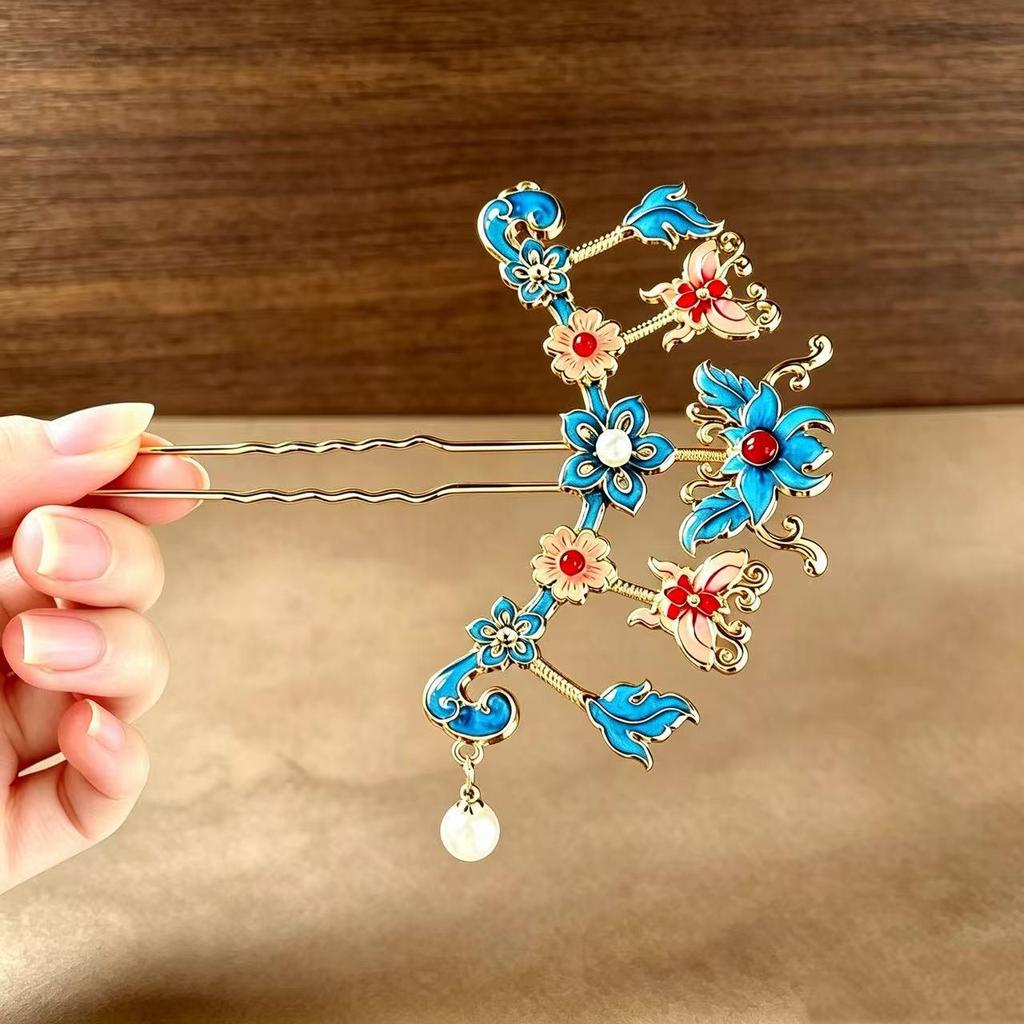 Chinese Butterfly Flower U-Shaped Hairpin: Elegant Hanfu Updo Accessory in Ancient Style