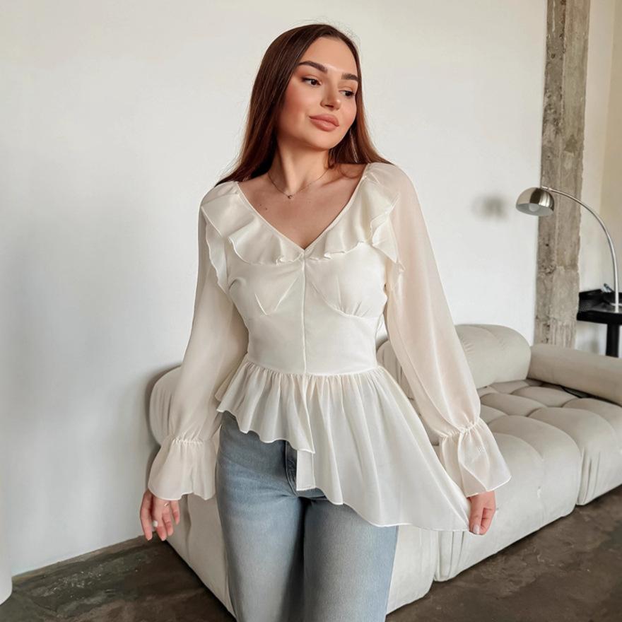 1116 European and American women's clothing new products Royal sister style elegant long-sleeved ruffle edge chiffon shirt autumn irregular top