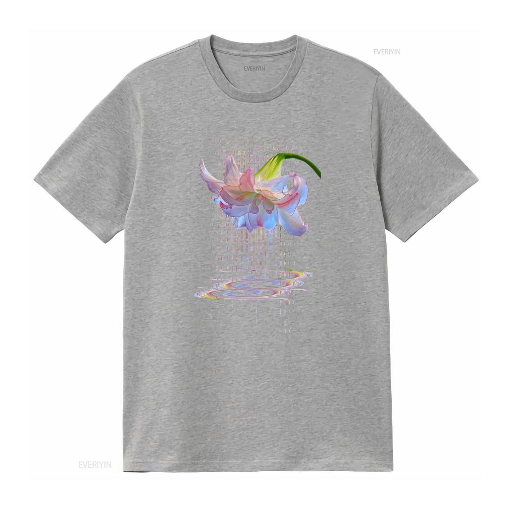 Psychedelic Glitch Art Lily Flower Print Casual T Shirt Vintage Washed Comfortable Streetwear Versatile Fashion Stylish