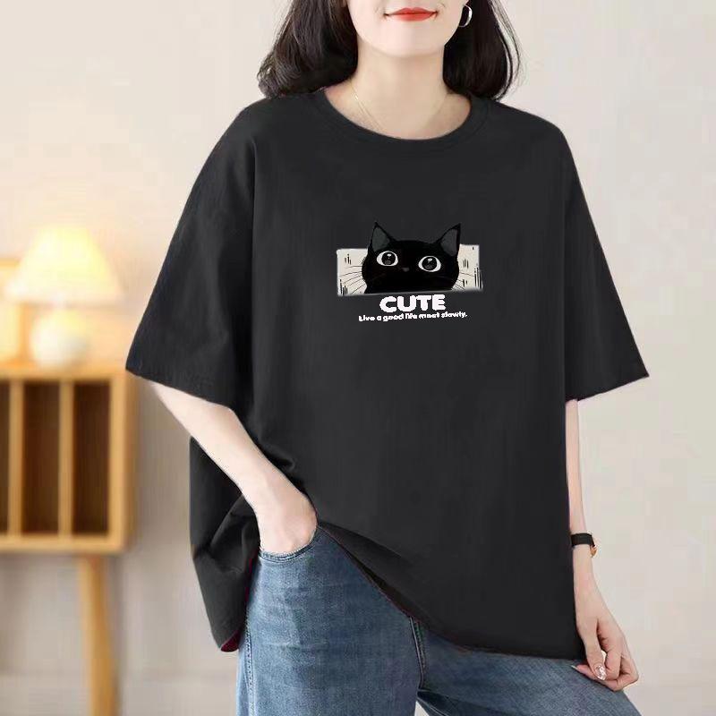 Cotton Short Sleeve T-shirt Women Loose Fashion Medium Sleeve Tops Summer Vintage T-Shirt