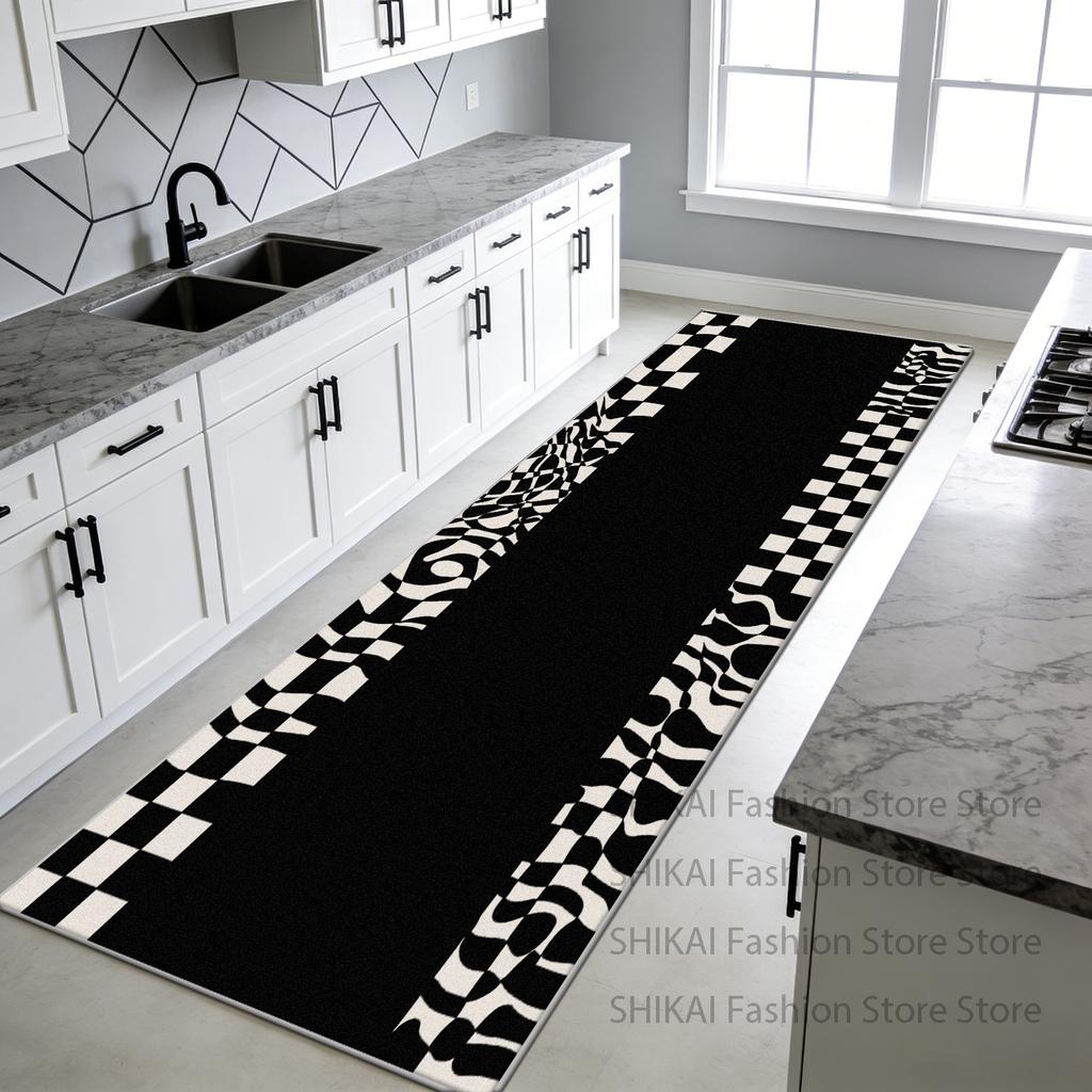 Black White Geometry Easy Clean Kitchen Long Carpet Decoration Bedside Antiskid Soft Rug Foldable Lint-free Doorway Floor Mats