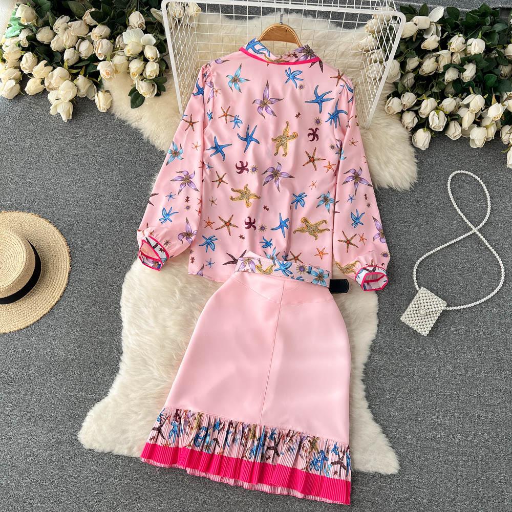 Spring Lace Stitched Long Sleeve Printed Shirt + Waist Bag Hip Pleated Fishtail Skirt Two-Piece Suit