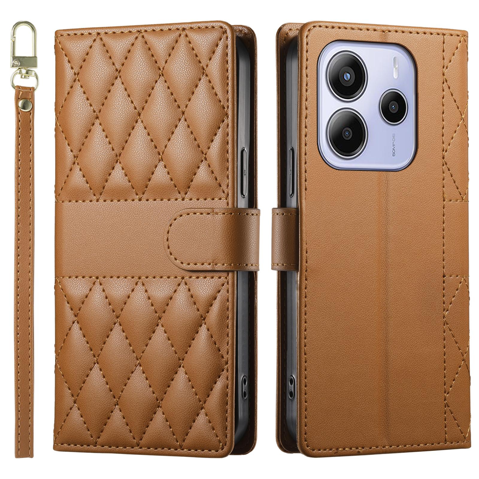 

Для Xiaomi Redmi Note 14 4G (164,84x78,15x8,16 мм) Чохол Гаманець з ромбоподібною прошивкою Шкіряна обкладинка для телефону з довгою/короткою лямкою Brown