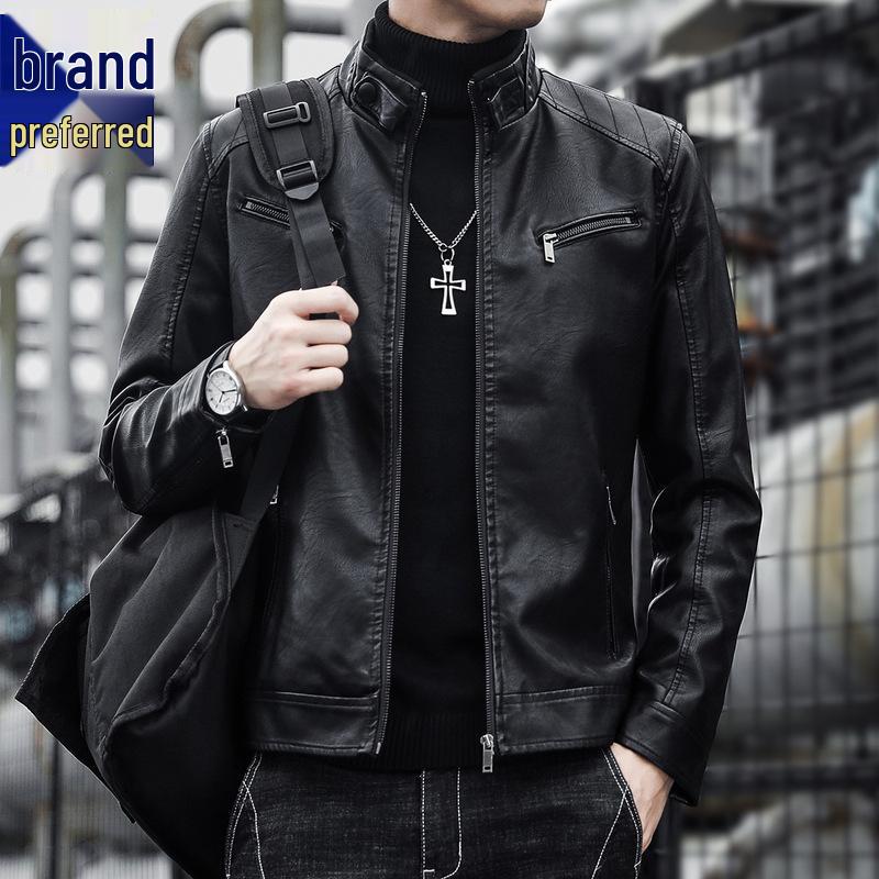 

Стильна чоловіча шкіряна куртка зі стійкою - Натуральна шкіра, Повсякденний осінньо-зимовий мотоциклетний стиль, Доступні великі розміри. 2XL (67.5-75 kg)