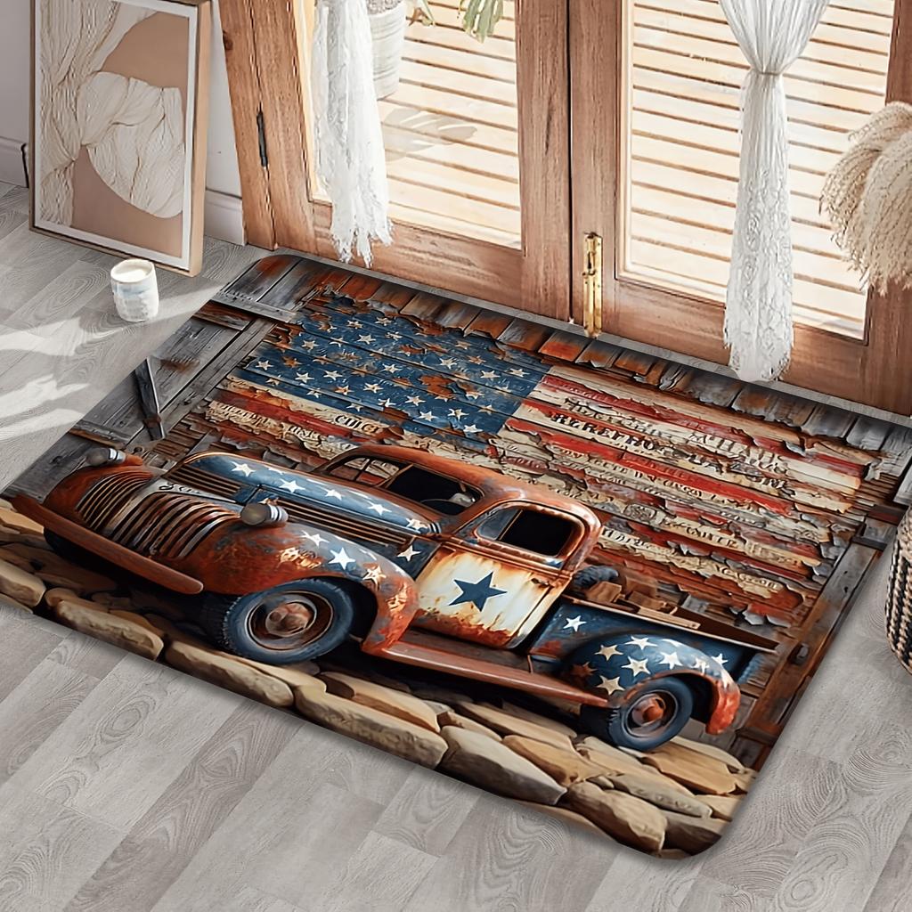 1pc 2D Flat Vintage American Flag Rusty Truck Wood Texture Flannel Door Mat Non Slip Patriotic Rug For Entryway Garage Floor