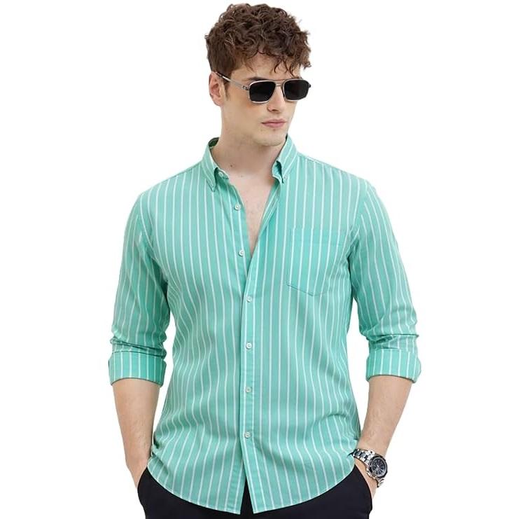 Men s Casual Printed Striped Stylish Latest Formal Shirt for Men | Cotton Mix 220 GSM S зелёный