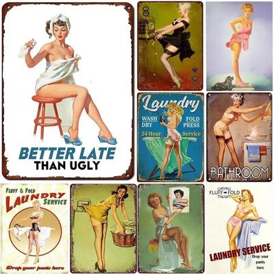 Vintage Metal Signs Pinup Girls Wall Decor for Bathroom Laundry Man Cave Home Bars Garage Cafe Clubs Retro Posters Plaque
