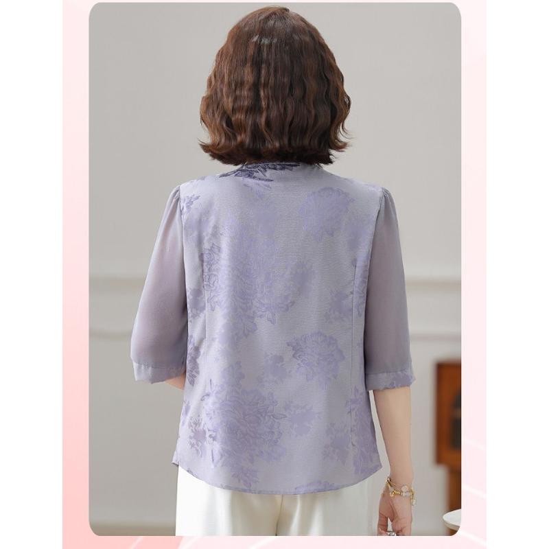 Women's Peach Floral Blouse V-Neck Half-Sleeve Elegant Casual Top