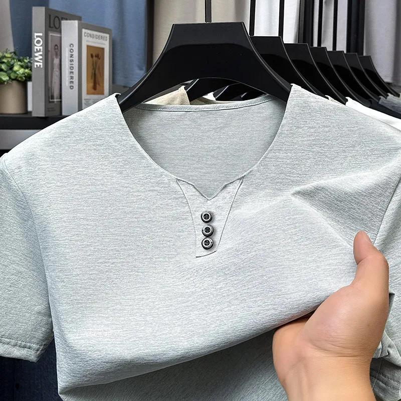 2026 New Men's Business Casual Three Button V-neck Short Sleeved T-shirt Korean Style Summer Comfortable Versatile Top