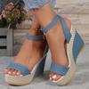 Sexy Peep Toe Platform Wedge Sandals Denim Broadband Ankle Buckle Strap High Heels Shoes Sandales Sandalias
