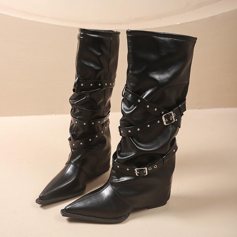 Fashion Temperament High Boots Autumn New Pointed Toe Sleeve Belt Buckle Non-slip Wear-resistant Block Heel Single Boots