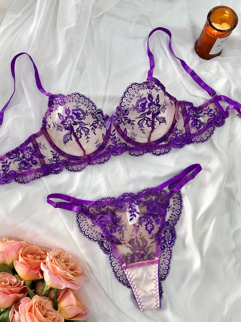 Flower Embroidery Perspective Mesh  Sexy Comfortable  Simple And Generous Lingerie Set Sexy Lingerie  Sexy Costume